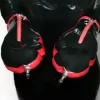 Two-coloured latex bondage gloves