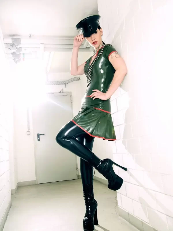Latex mini dress with pleated skirt