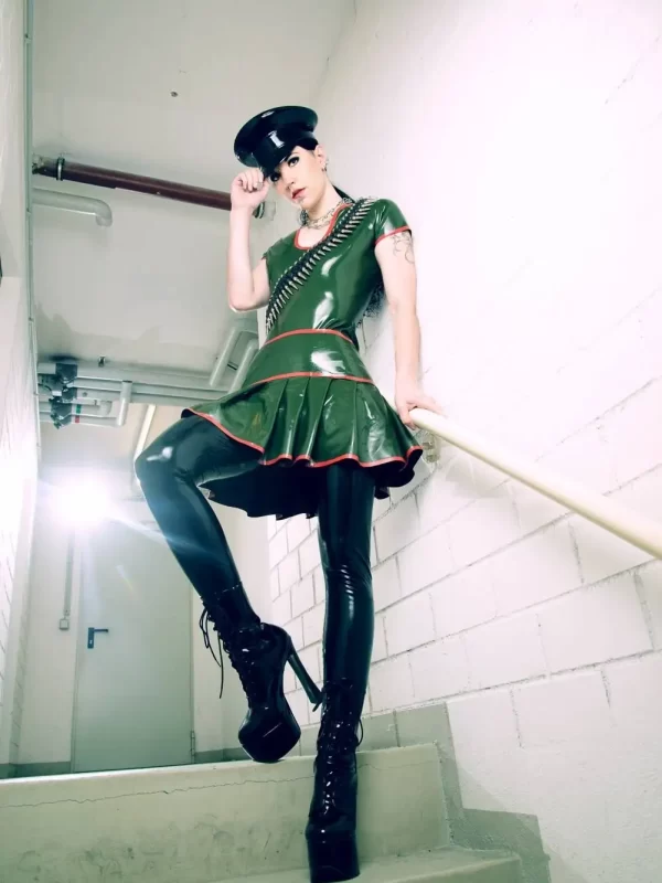 Latex mini dress with pleated skirt