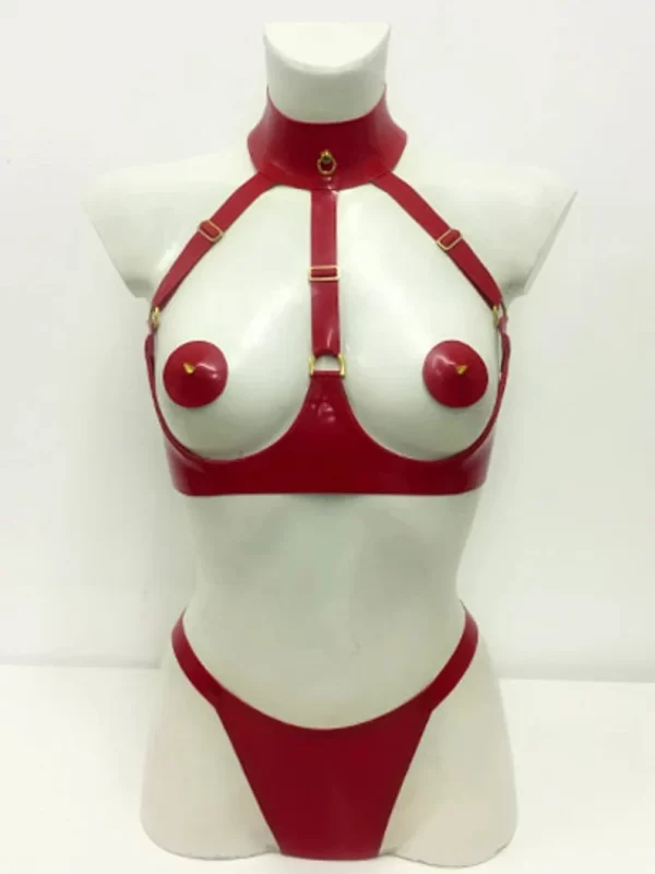 Latex Zena Cupless Harness Bra With Neck Cuff