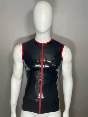 Latex Trimmed Zip Front Sleeveless T-Shirt