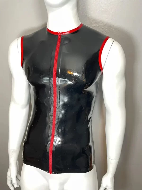 Latex Trimmed Zip Front Sleeveless T-Shirt
