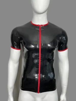 Latex Crew Neck Trimmed Zip Front Short Sleeve T-Shirt
