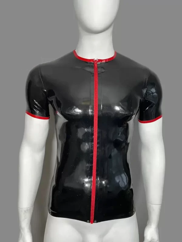 Latex Crew Neck Trimmed Zip Front Short Sleeve T-Shirt