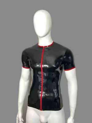 Latex Crew Neck Trimmed Zip Front Short Sleeve T-Shirt