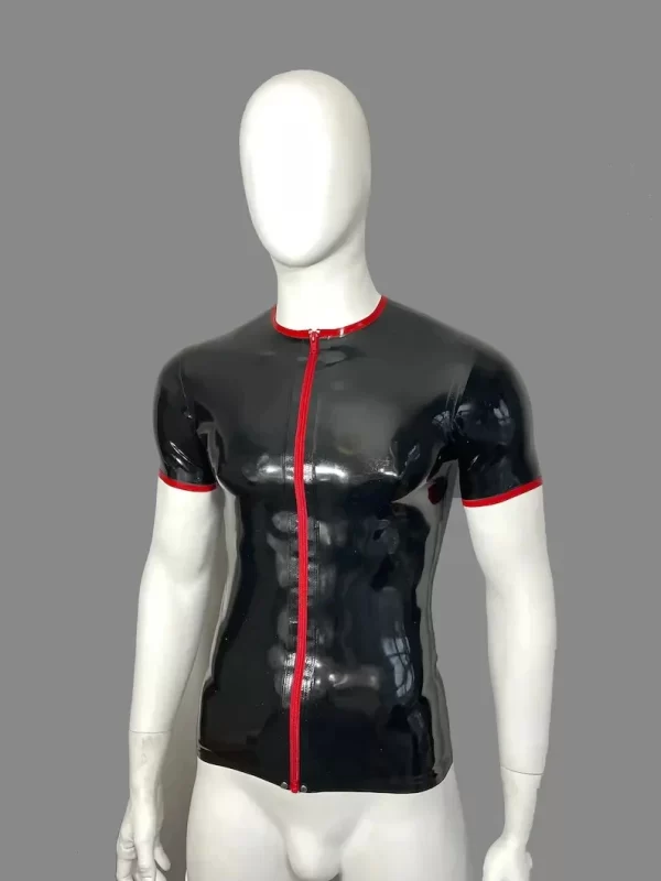 Latex Crew Neck Trimmed Zip Front Short Sleeve T-Shirt