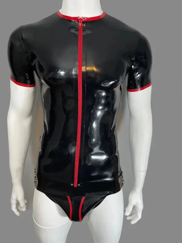 Latex Crew Neck Trimmed Zip Front Short Sleeve T-Shirt