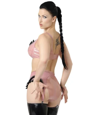 Latex Thrill Frill Rubber Bra Suspender Belt and Briefs Set