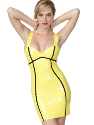 Latex Yellow Bodycon Dress with Black Trim