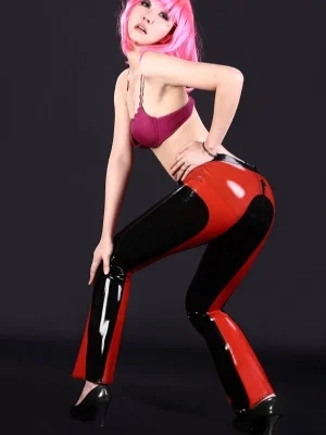 Latex Black & Red Contrast Panel Slim Fit Trousers