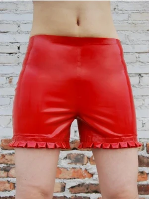 Latex Red Ruffled Hem Shorts