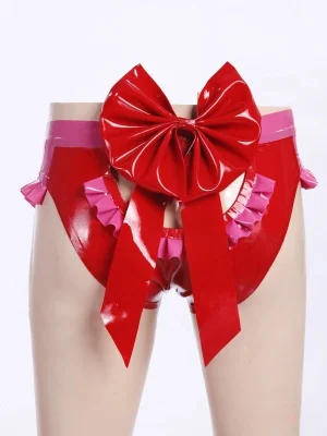 Latex Red & Pink Contrast Bow & Ruffle Panty
