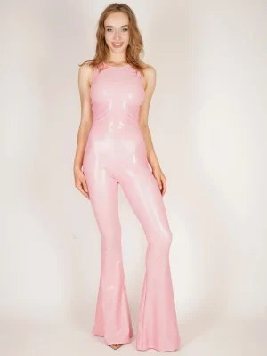 Pink Wet Look Flared Latex Catsuit