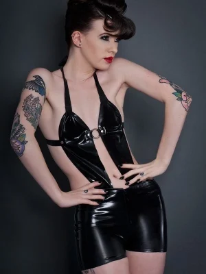 Latex Black Halter Ring Cut-Out Bodysuit