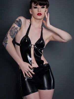 Latex Black Halter Ring Cut-Out Bodysuit