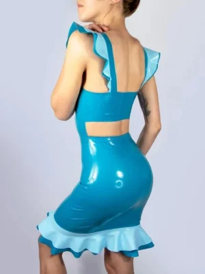 Latex Teal Blue Dress With Double Ruffle Detail