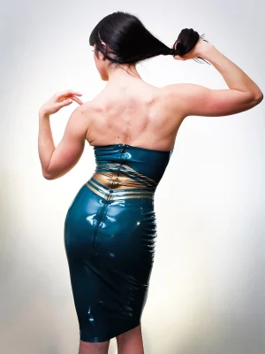 Retro Geometric Gold-Striped Teal Green Latex Bodycon Dress