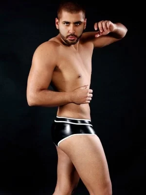 Latex Black & White Contrast Piping Mens Briefs