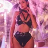 Latex High Waist Zipper Crotch Thong With Bra Set